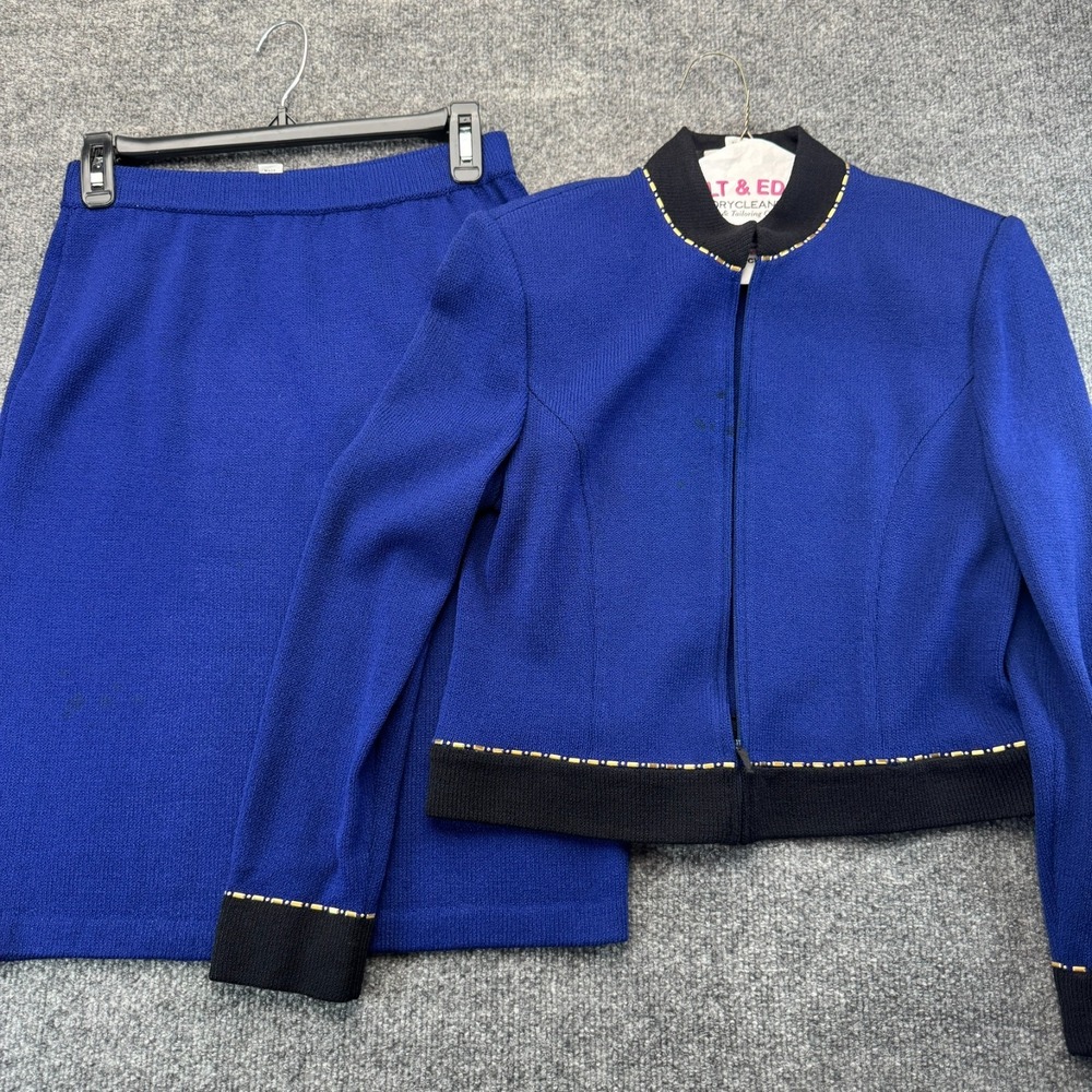 St. John Collection by Marie Gray Blue Knit 2 Piece Skirt Suit Set Size 2 USA